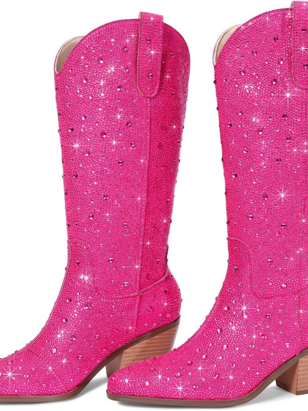 Women's Mid Calf Pink Western Rhinestone Chunky Heel Fashion Cowgirl Ankle Boot - Picture 4 of 6
